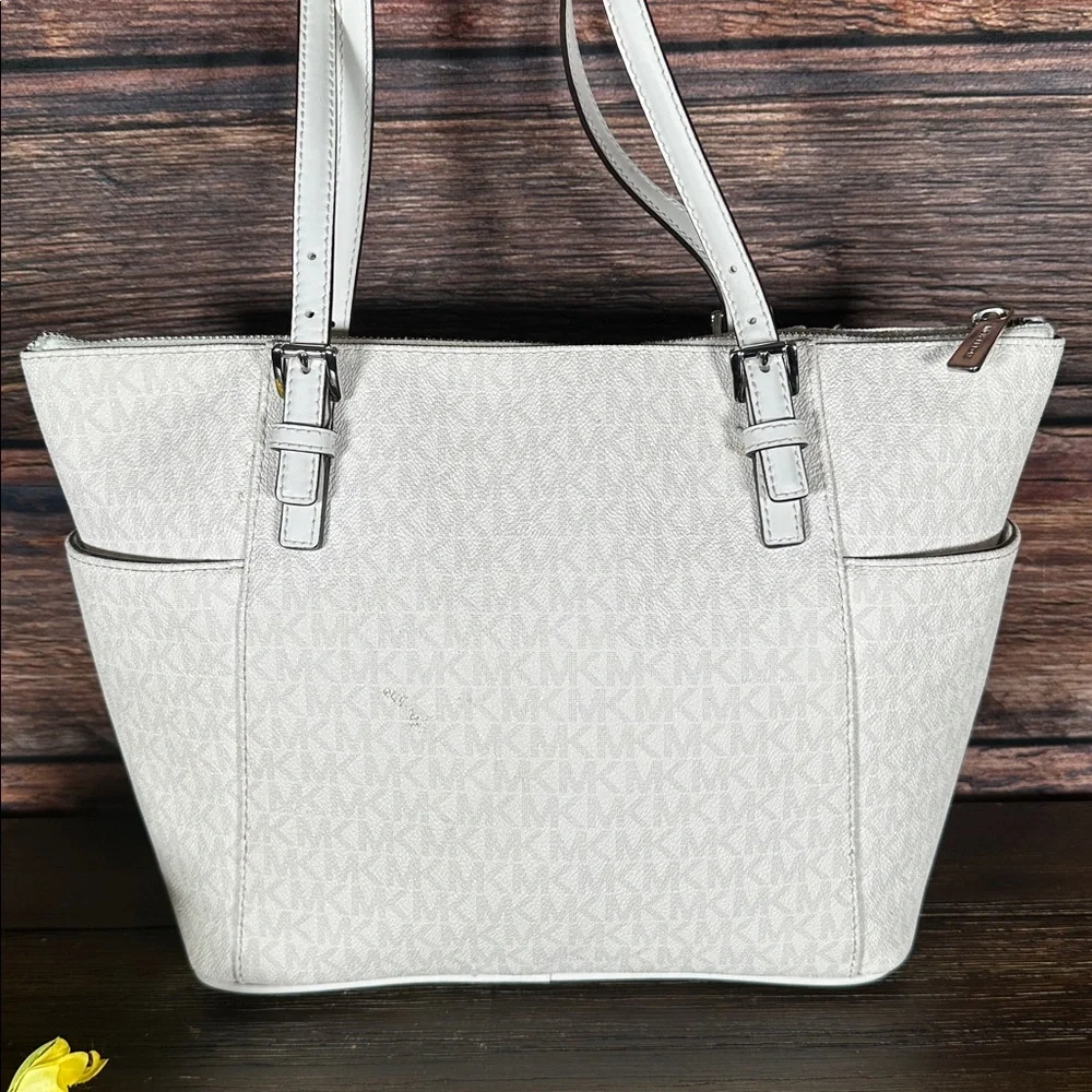 Michael Kors Charlotte Leather Logo Top-Zip Tote Bag in Optic White!
